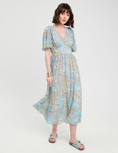 Robe longue évasée col en V bleu femme