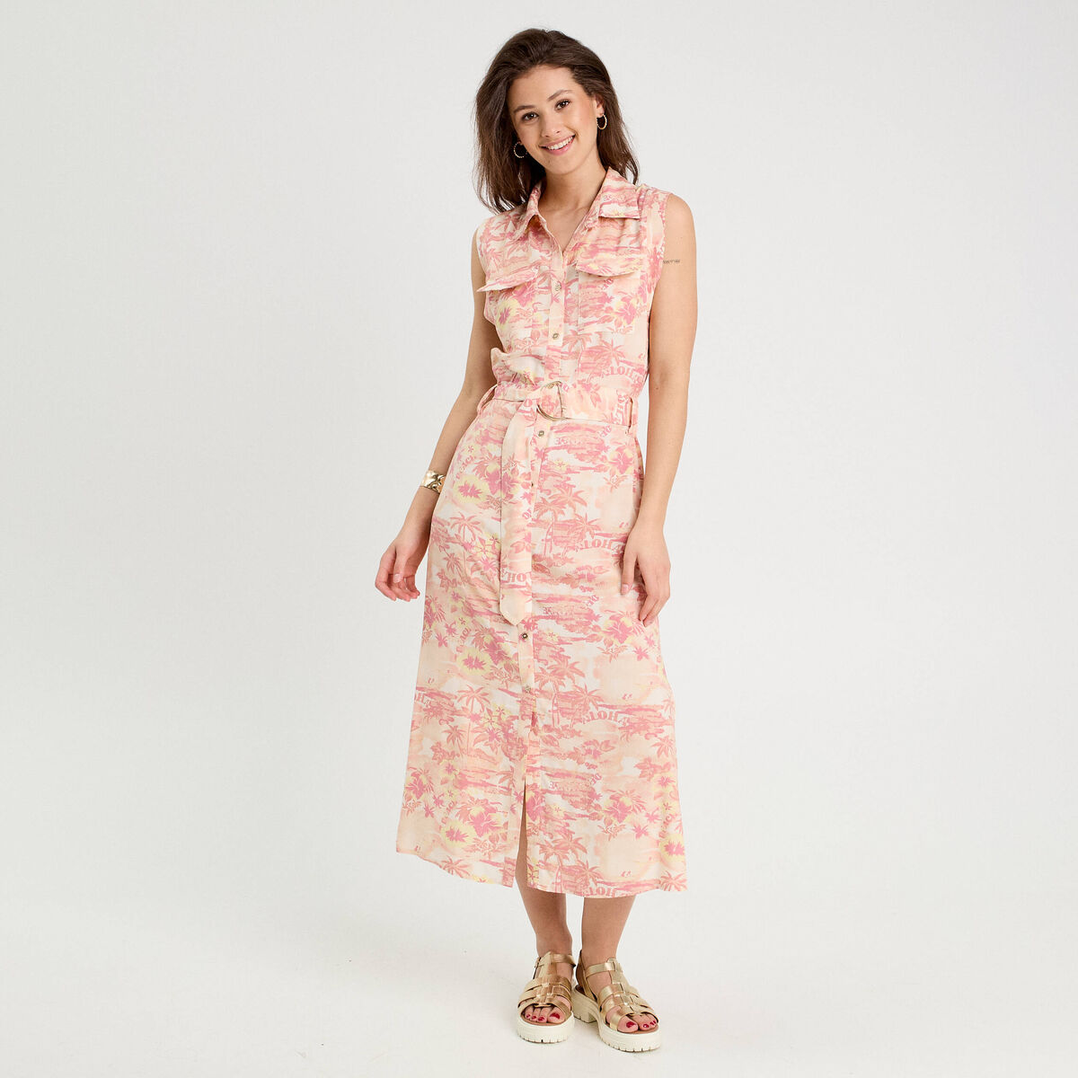 Robe chemise évasée beige femme