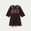 Robe droite courte col v manches 3/4 marron fonc&eacute; femme