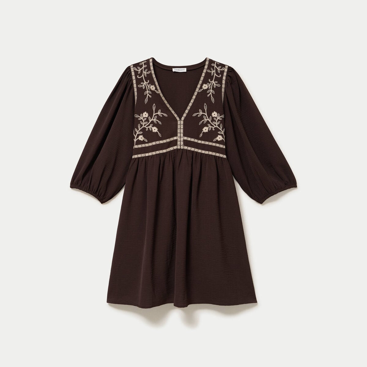 Robe droite courte col v manches 3/4 marron fonc&eacute; femme