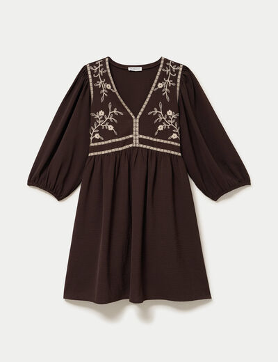 Robe droite courte col v manches 3/4 marron fonc&eacute; femme