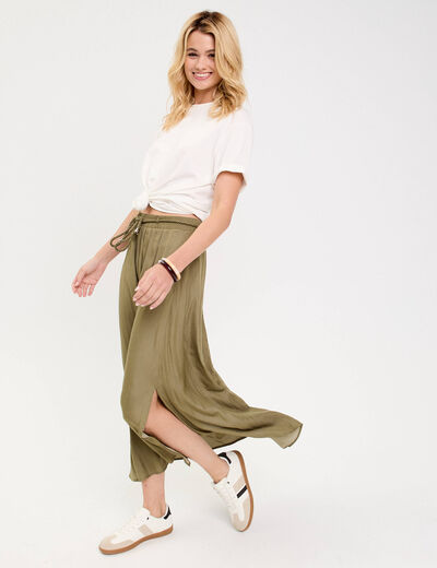 Jupe longue évasée satin vert kaki femme
