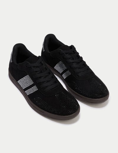 Baskets basses &agrave; lacets denim noir enduit femme