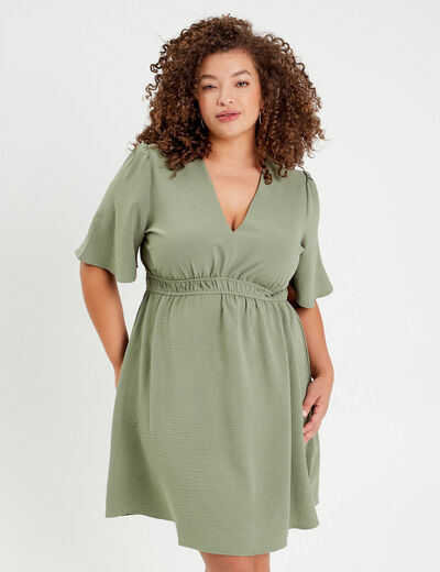 Robe évasée taille élastiquée vert kaki femme
