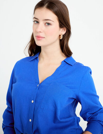 Chemise lin col V manches longues bleu electrique femme