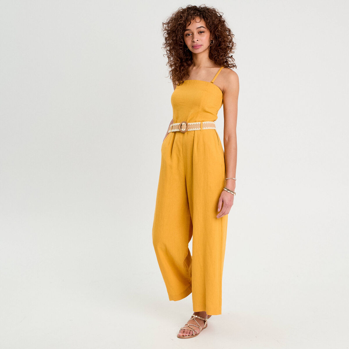 Combinaison pantalon bretelles avec lin jaune citron femme