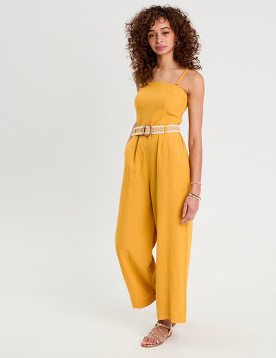 Combinaison pantalon bretelles avec lin jaune citron femme