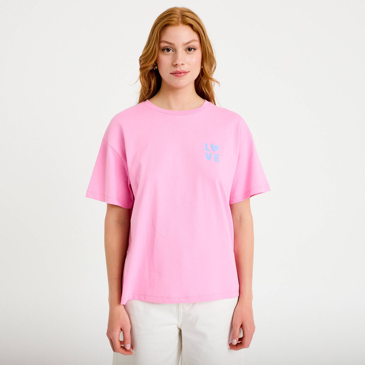 T-shirt droit col rond manches courtes rose corail femme