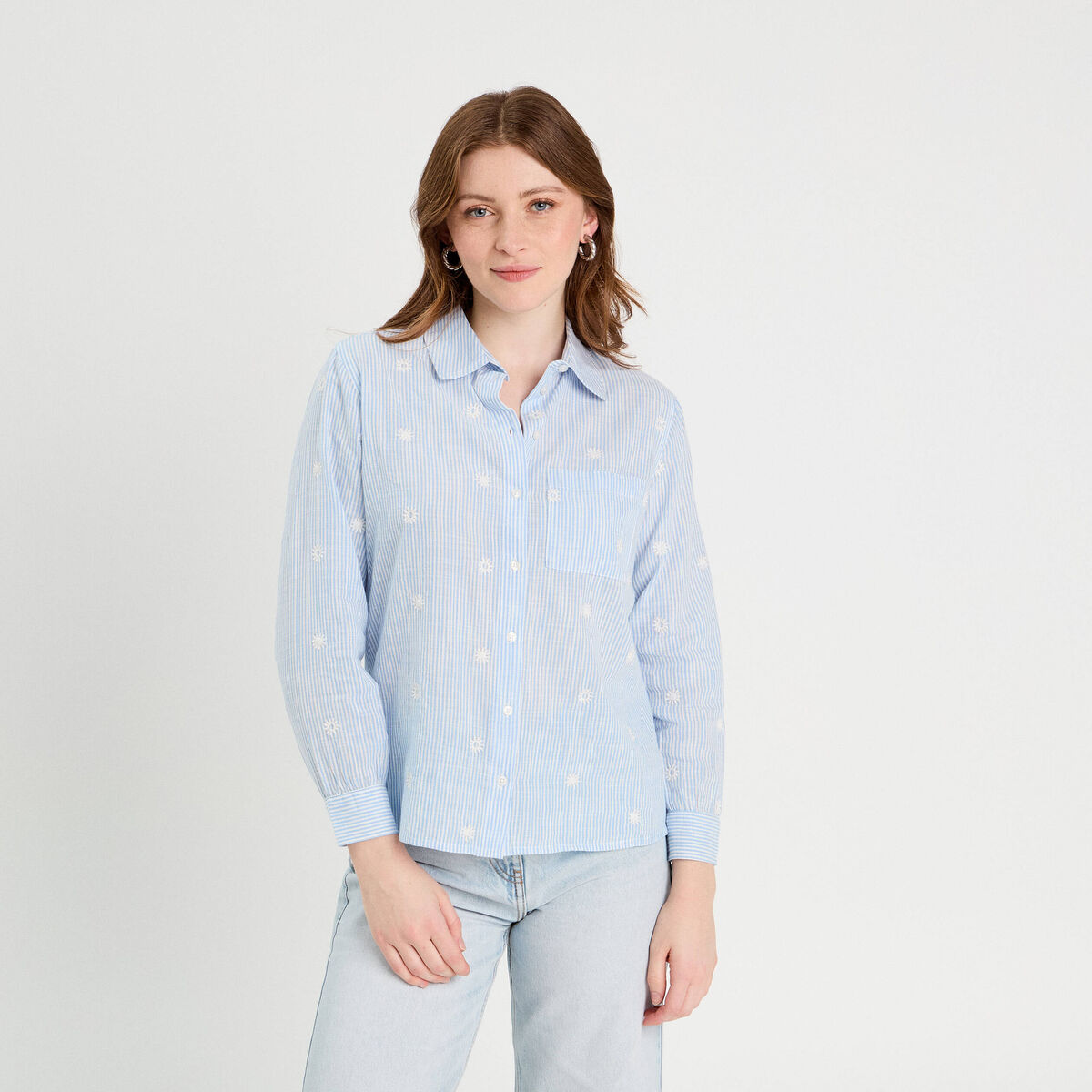 Chemise brod&eacute;e manches longues blanc femme