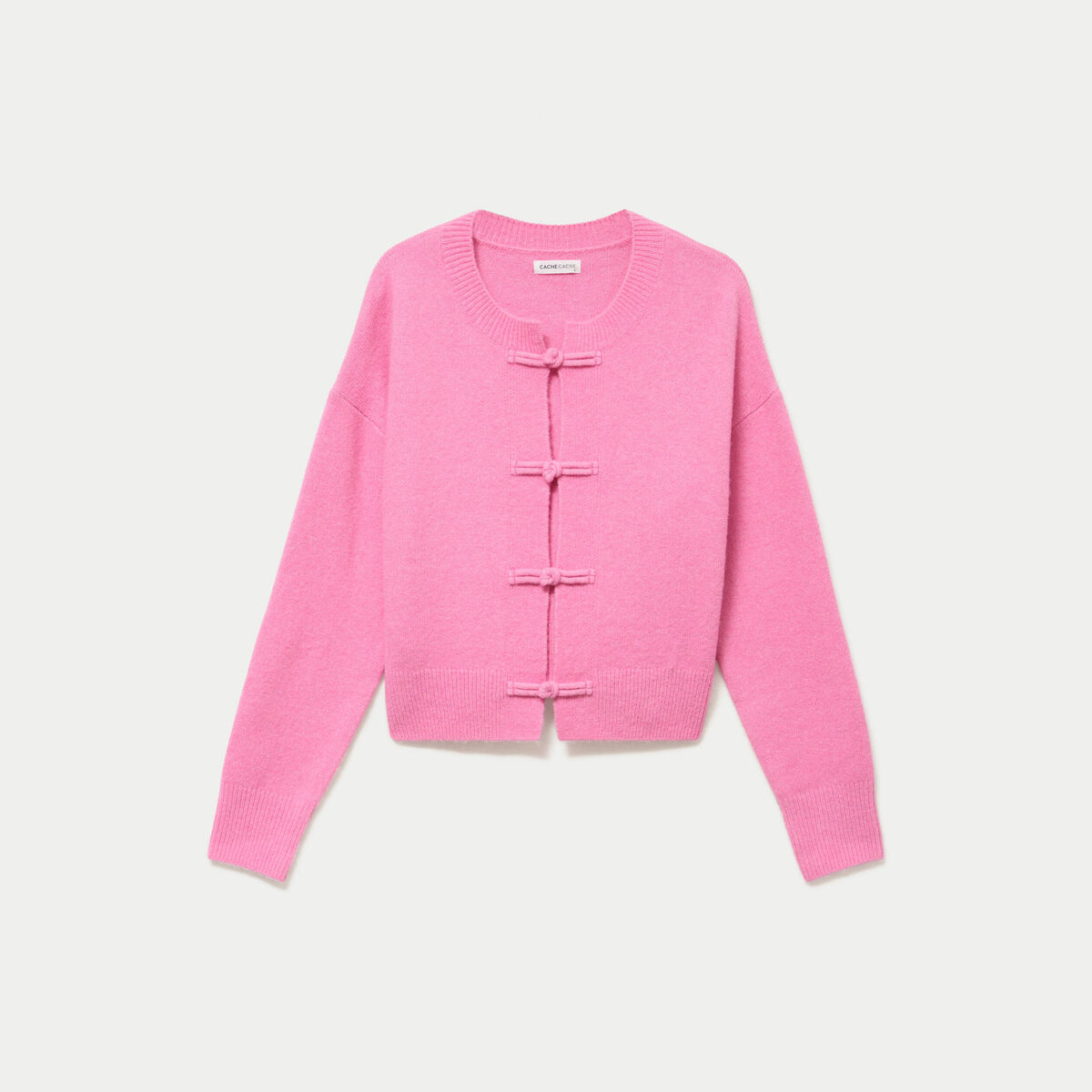 Gilet col rond manches longues avec lien rose clair femme