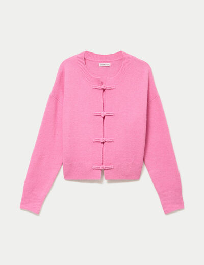 Gilet col rond manches longues avec lien rose clair femme