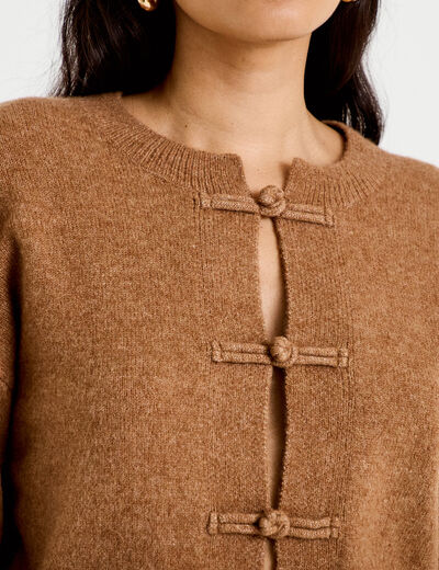 Gilet col rond manches longues avec lien camel femme