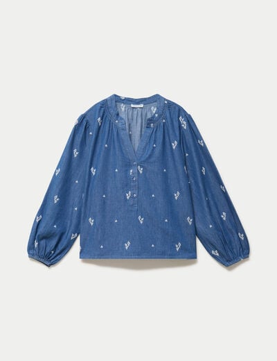 Blouse ample manches longues en jean blanc femme