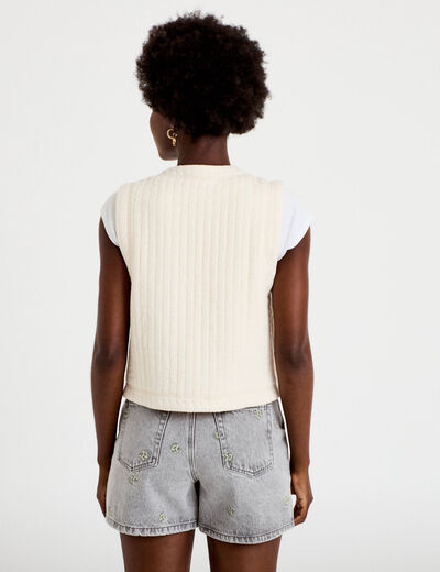 Gilet droit sans manches col rond ecru femme