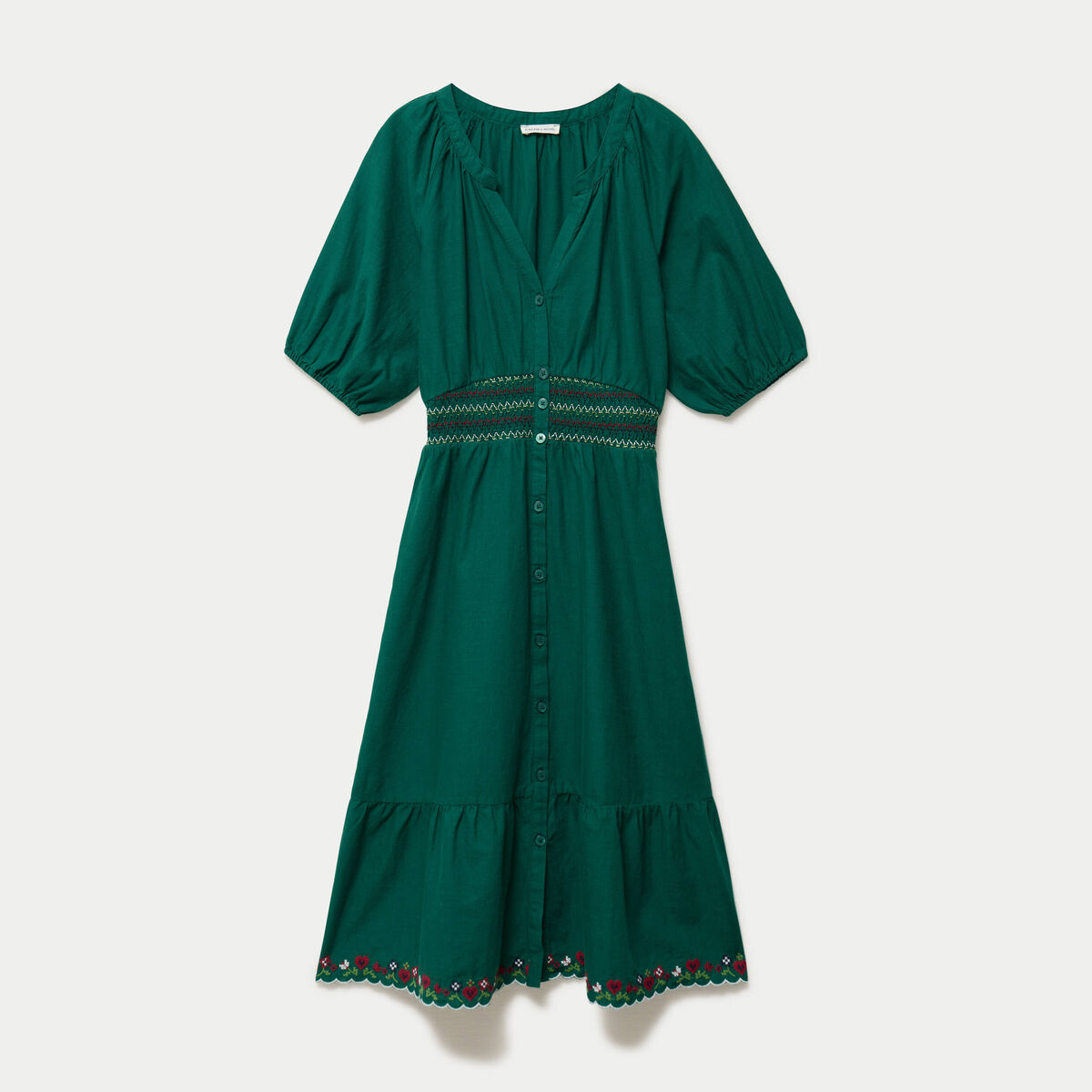 Robe &eacute;vas&eacute;e broderie col chemise vert fonc&eacute; femme