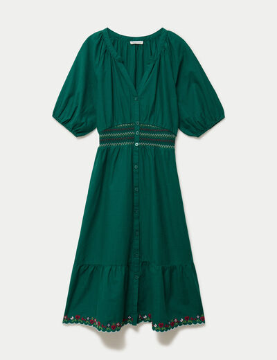 Robe &eacute;vas&eacute;e broderie col chemise vert fonc&eacute; femme