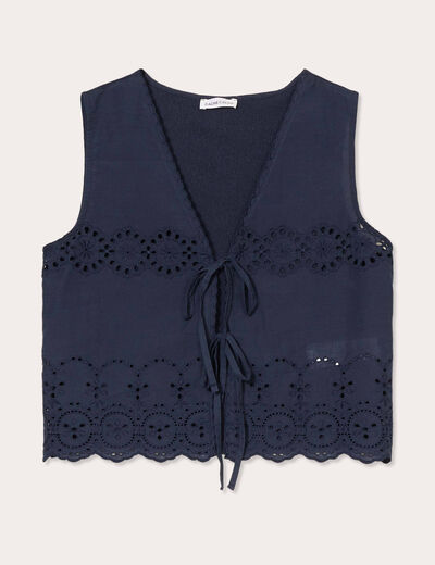 Blouse sans manches brodée bleu marine femme