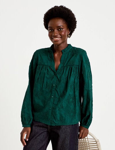 Blouse droite col rond manches longues vert fonc&eacute; femme