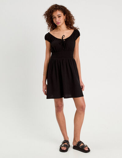 Robe évasée taille smockée noir femme