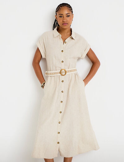 Robe &eacute;vas&eacute;e 3/4 col chemise ceinture beige femme