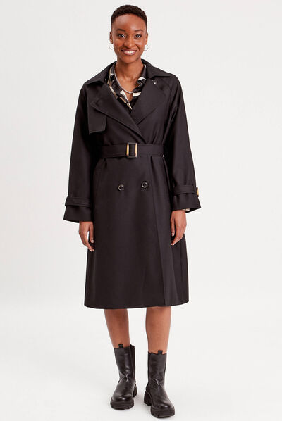 Trench long cintré ceinturé noir femme