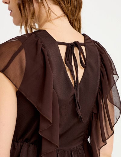 Blouse d&eacute;collet&eacute; voile manches courtes marron fonc&eacute; femme