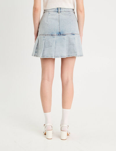 Jupe droite plissée en jean denim bleach femme
