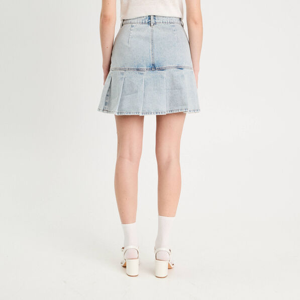 Jupe droite plissée en jean denim bleach femme