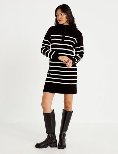 Robe pull droite manches longues 3/4 noir femme