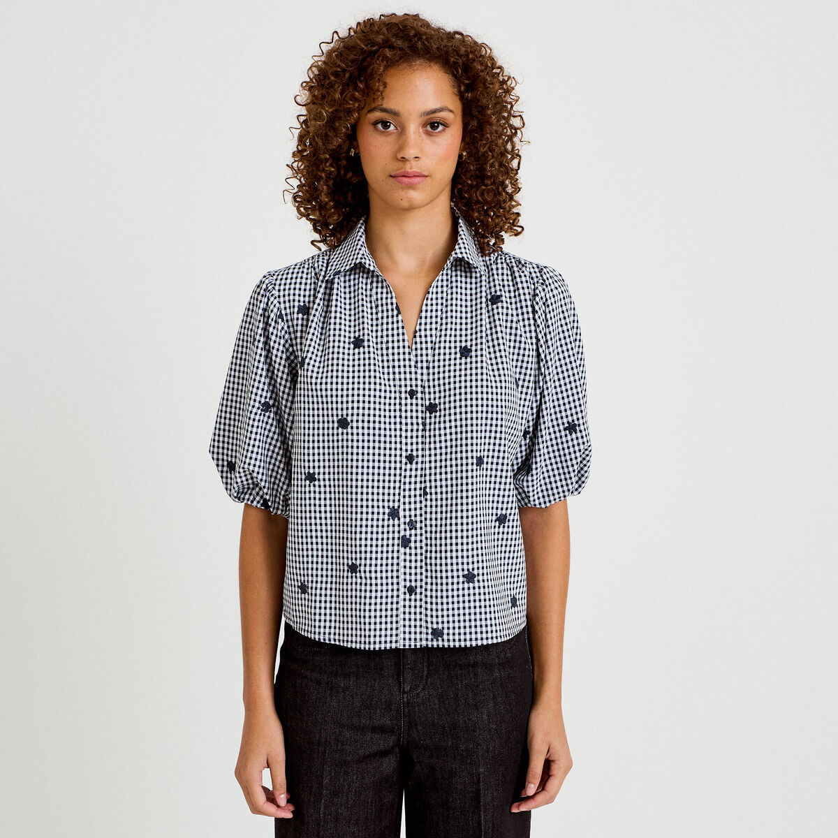 Chemise droite col classique manches 3/4 bleu marine femme