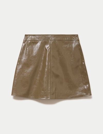 Jupe trap&egrave;ze courte en similicuir vert kaki femme