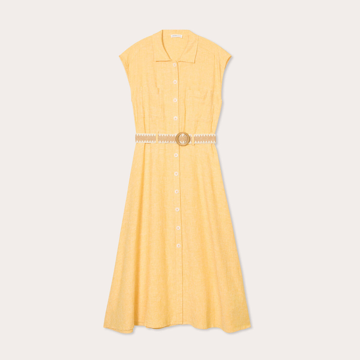 Robe chemise midi contenant du lin jaune femme