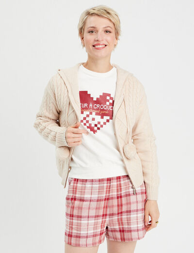 Gilet à capuche pompons beige femme