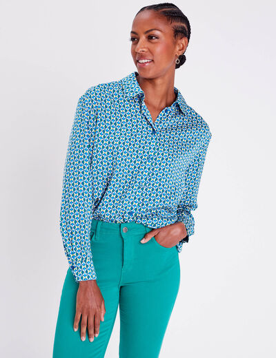 Chemise manches longues satin bleu femme
