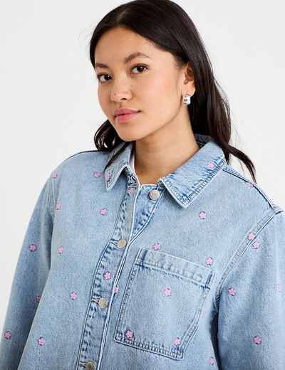 Surchemise denim broderies fleurs bleu fonc&eacute; femme