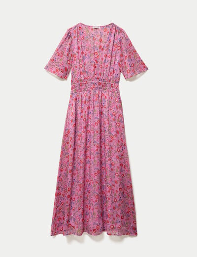 Robe longue &eacute;vas&eacute;e voile manches courtes rose femme