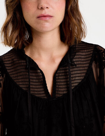 Blouse dentelle manches longues noir femme