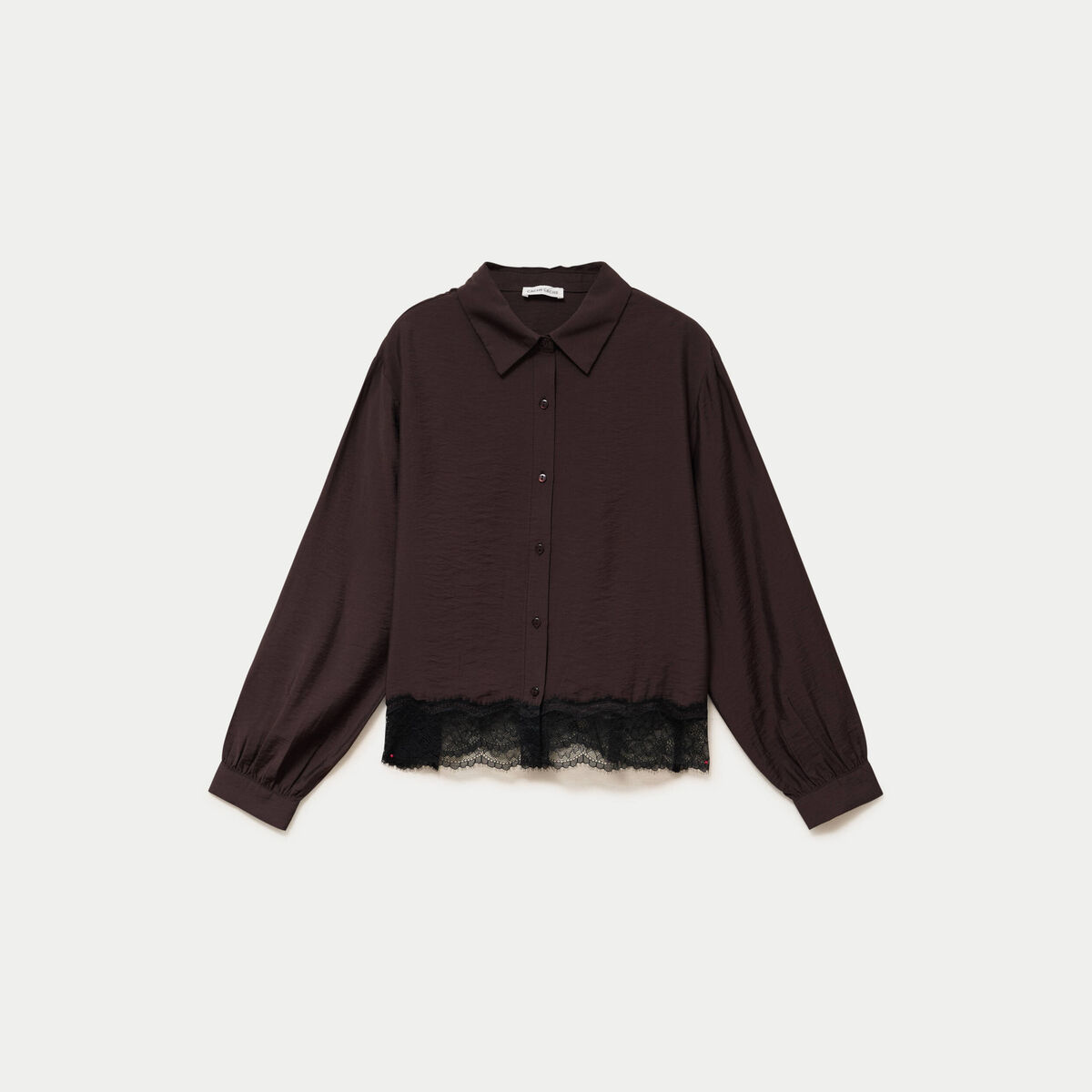 Chemise droite manches longues dentelle marron fonc&eacute; femme