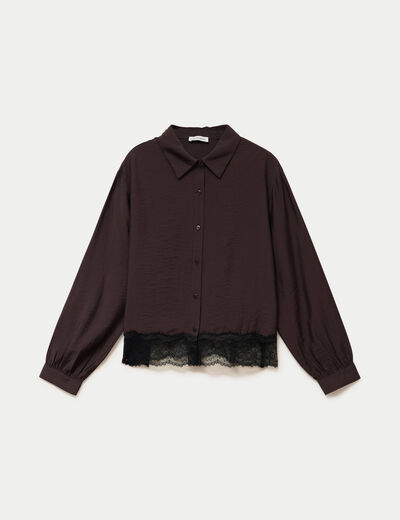 Chemise droite manches longues dentelle marron fonc&eacute; femme