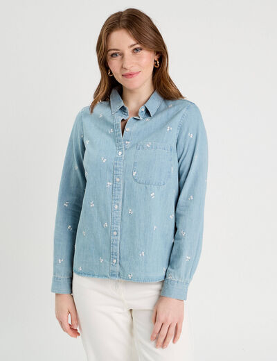 Chemise en jean brodée bleu femme