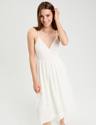 Robe longue évasée ajourée ecru femme