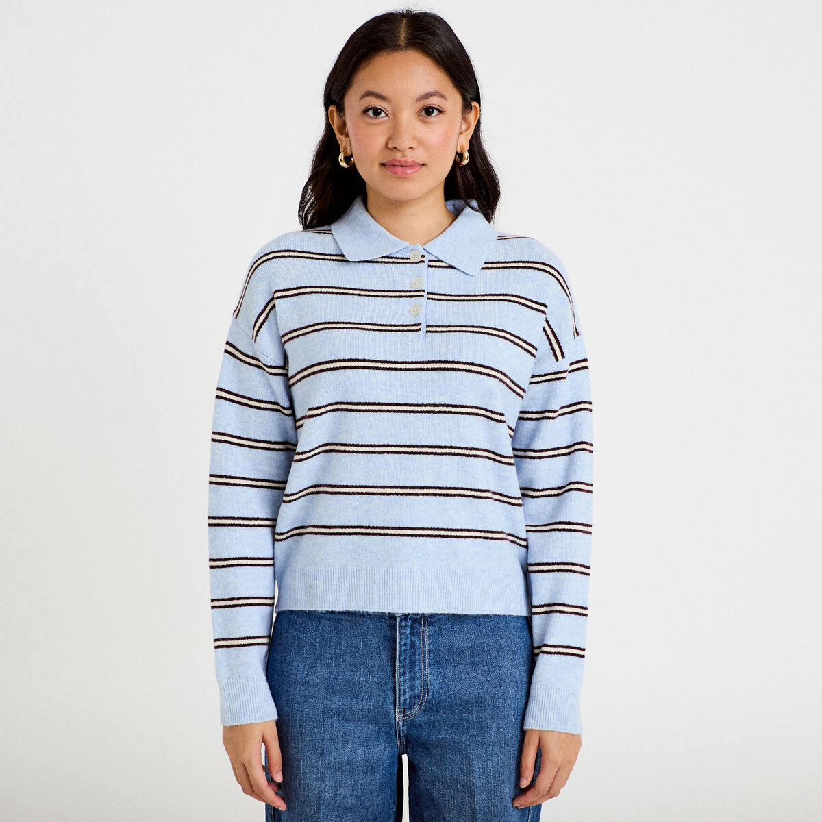 Polo manches longues col chemise bleu ciel femme