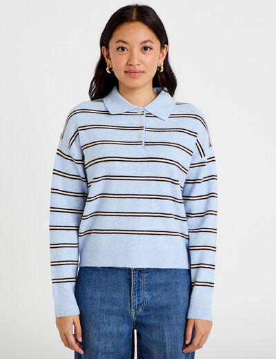 Polo manches longues col chemise bleu ciel femme