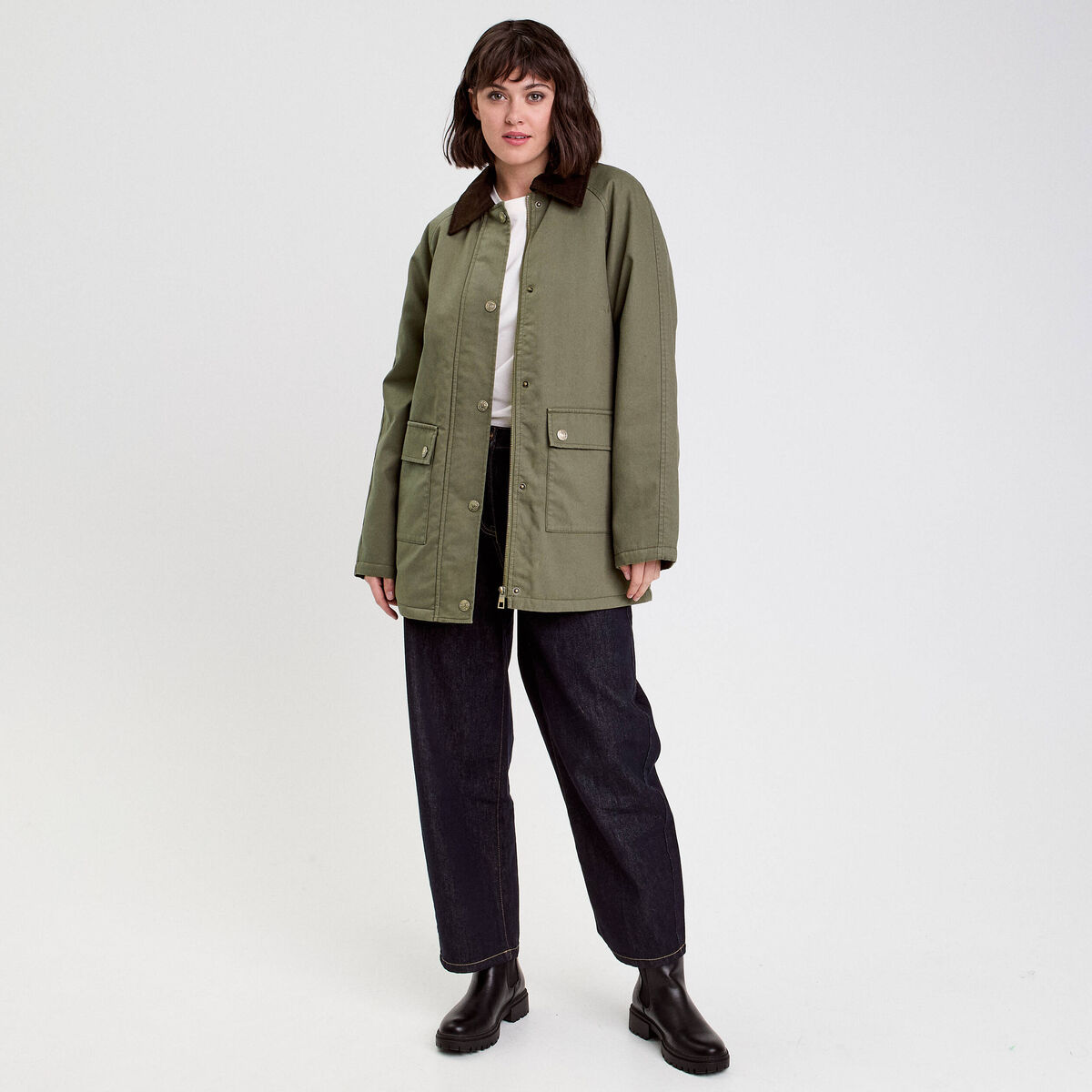 Veste droite mi-longue en coton vert kaki femme