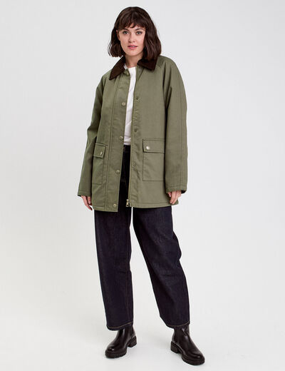 Veste droite mi-longue en coton vert kaki femme