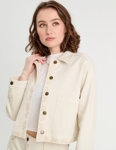 Veste brodée boutonnée ecru femme