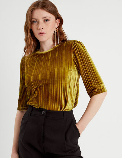 T-shirt velours plissé vert olive femme