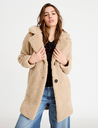 Manteau droit mi-long en bouclette beige femme