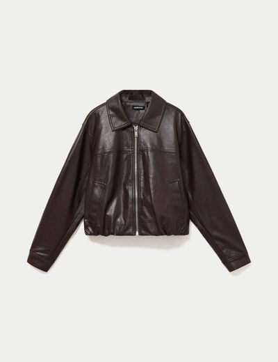 Veste effet boule manches longues marron fonc&eacute; femme