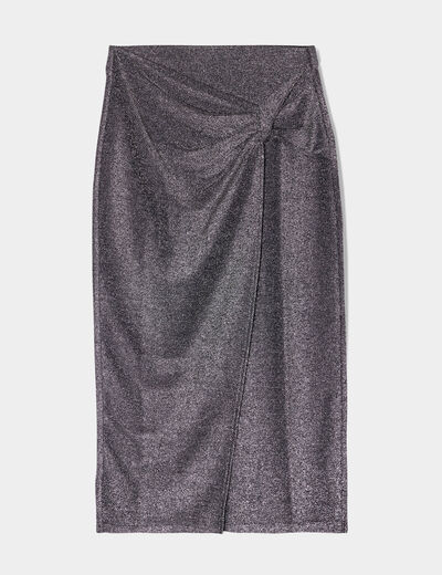 Jupe midi moulante drapée gris argent femme